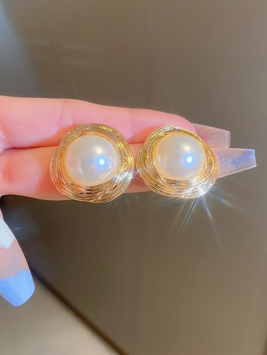 Jewelry - Women's Gold Wire-Wrapped Pearl Stud Earrings Silver Needle Posts Chic Jewelry